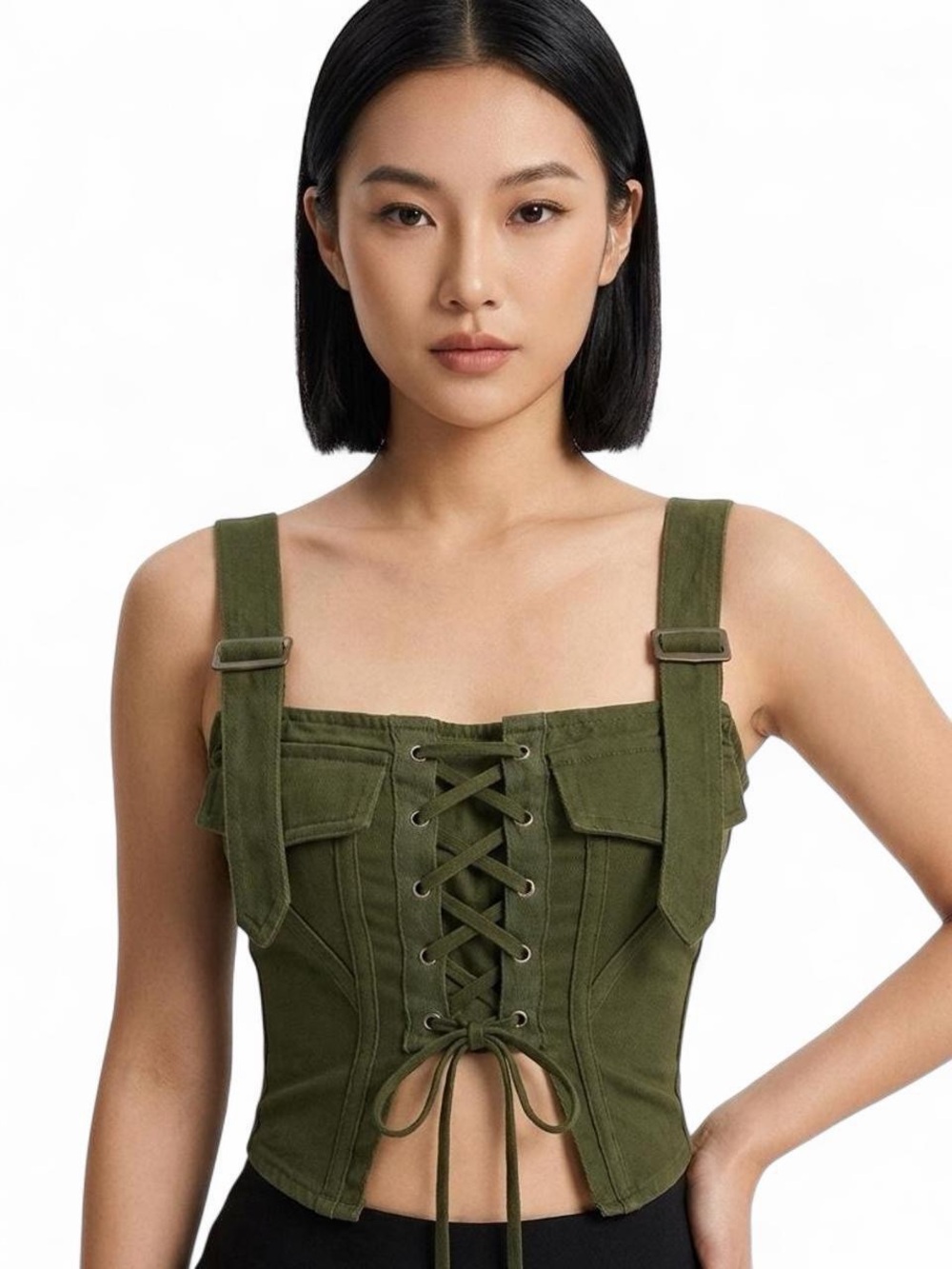 PrettyLittleThing Khaki Lace Up Corset Top Size 0 Y2K Utility Corset